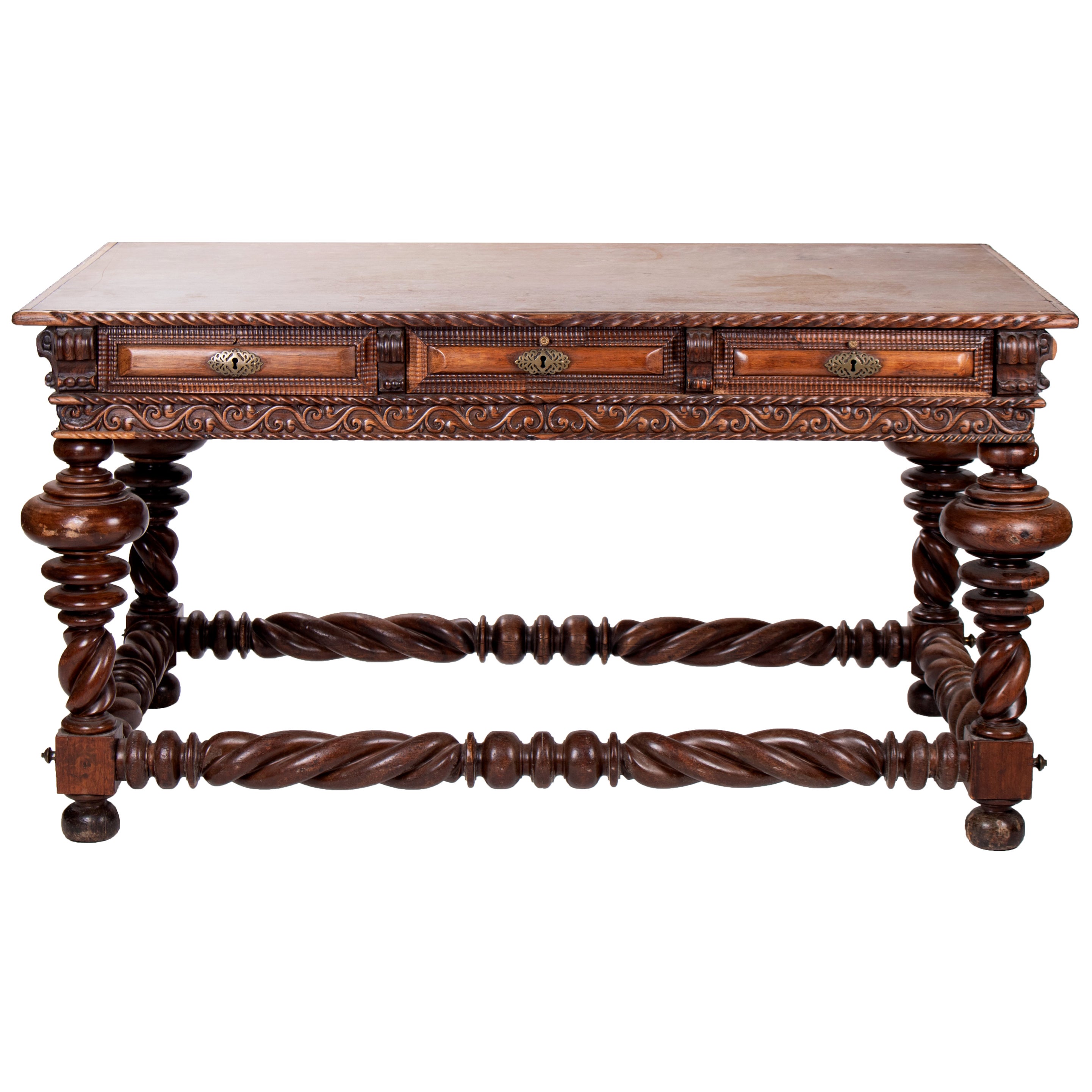 Monumental 19th Century Portuguese Desk and Table in Ebonized Brazilian