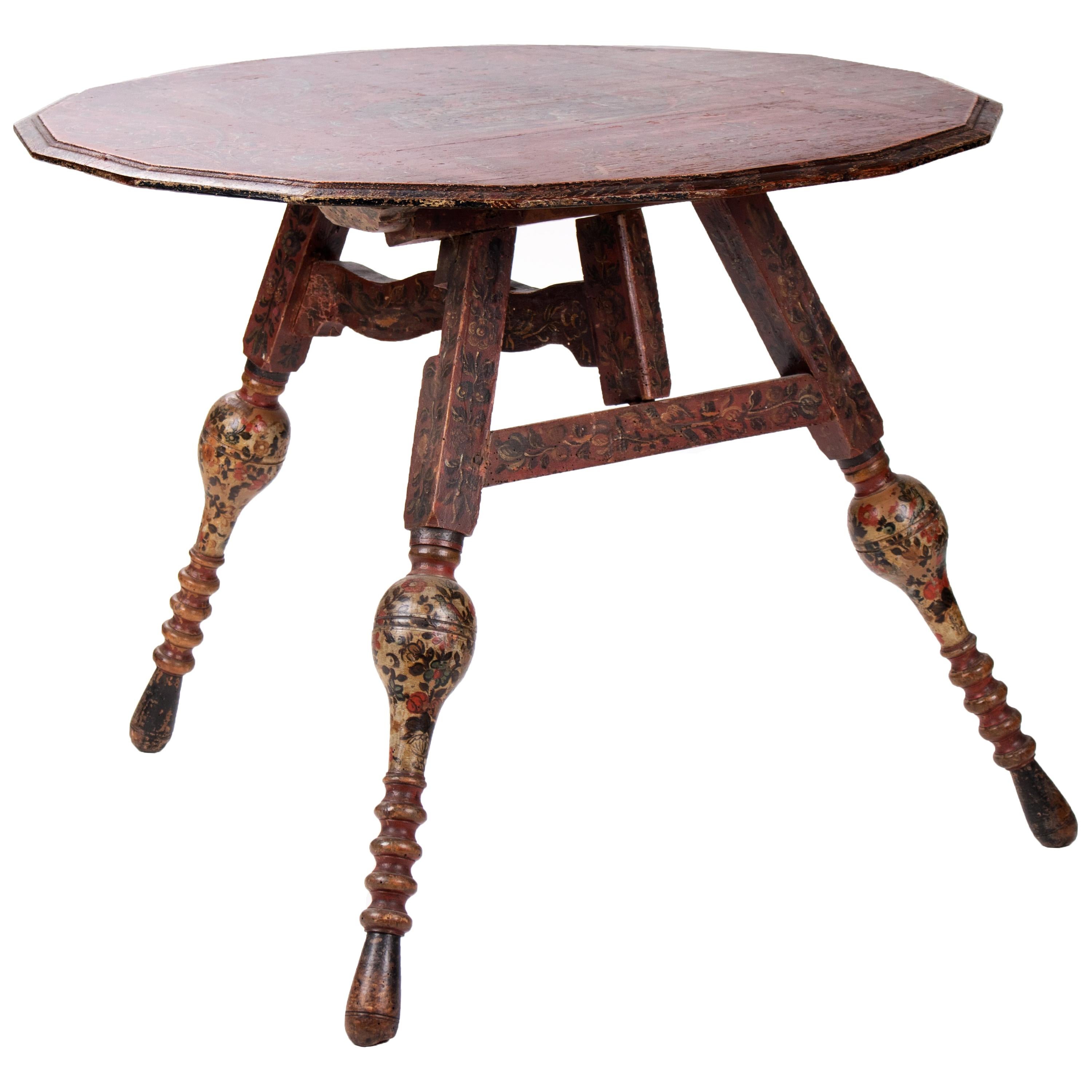 Three-Legged Painted Table with People and Flower Motifs, 17th Century, Italian