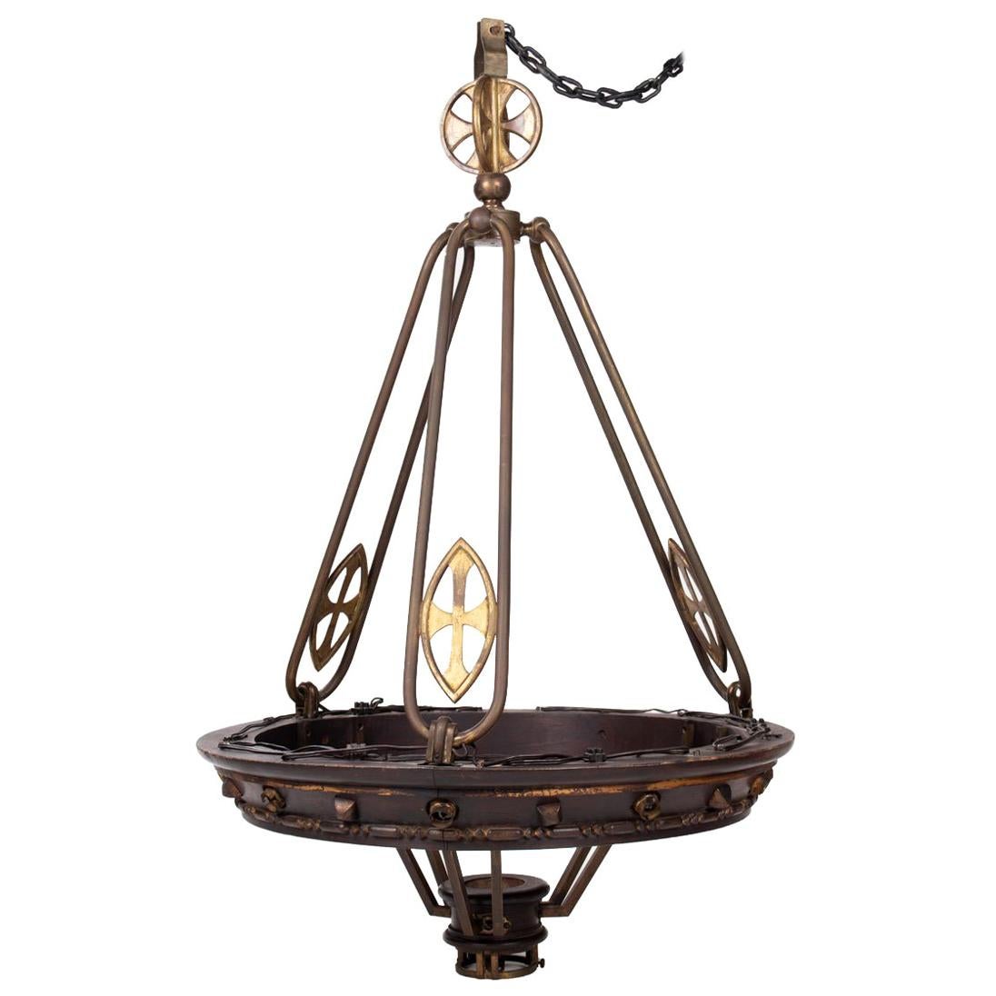 19th Century French Brass and Wood Hanging Lamp Decorated with Crosses For Sale