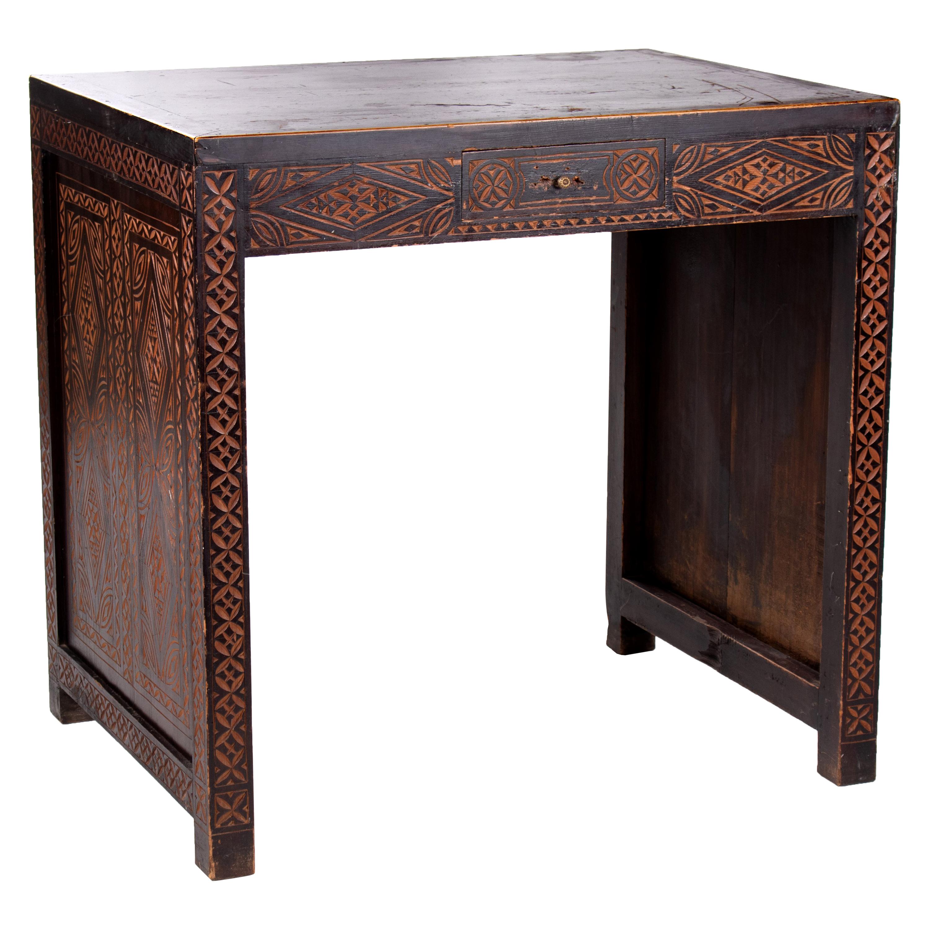 1930s Turkish Hand Carved Wooden Single Drawer Table