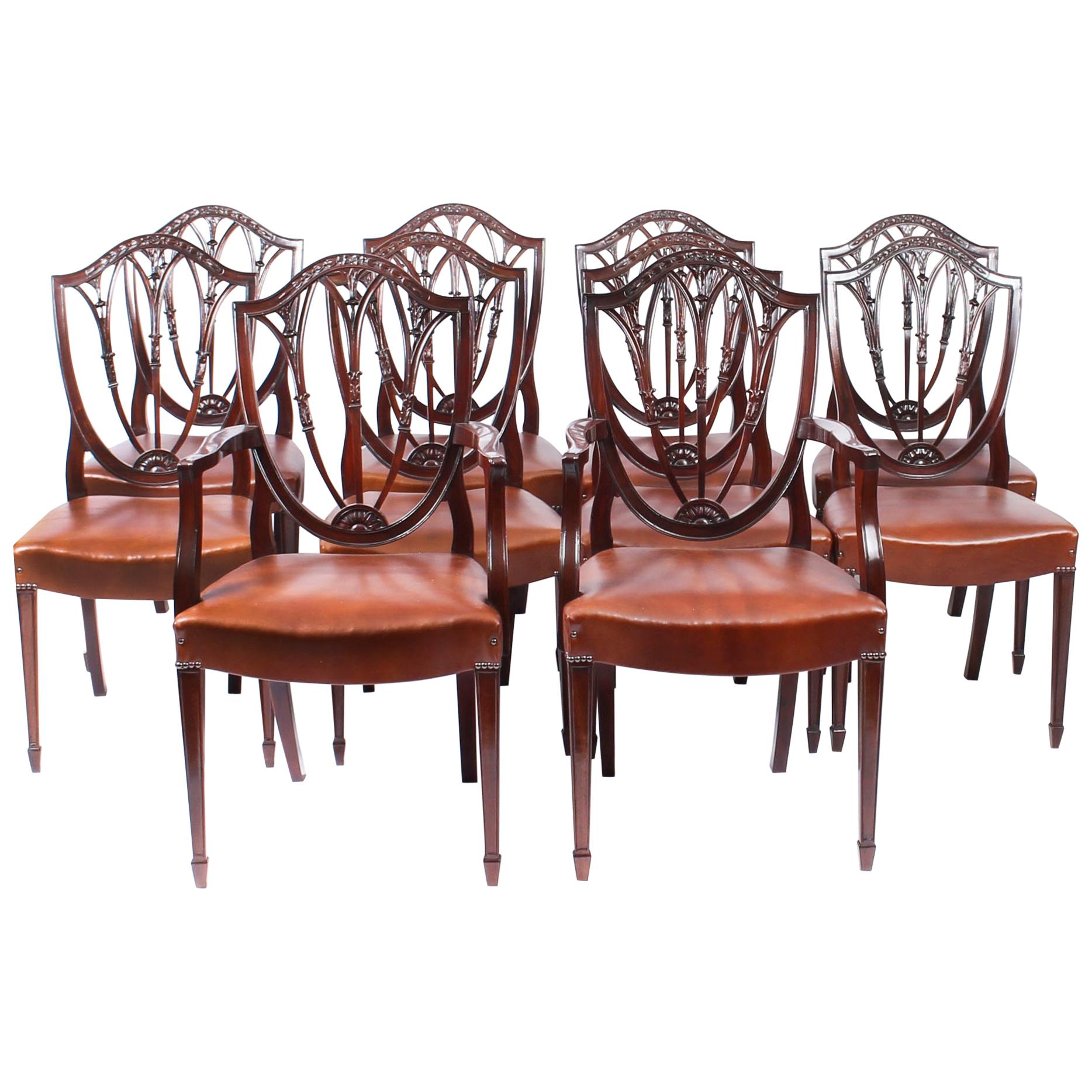 Antique Set of 10 English Hepplewhite Shield Back Dining Chairs 19th Century