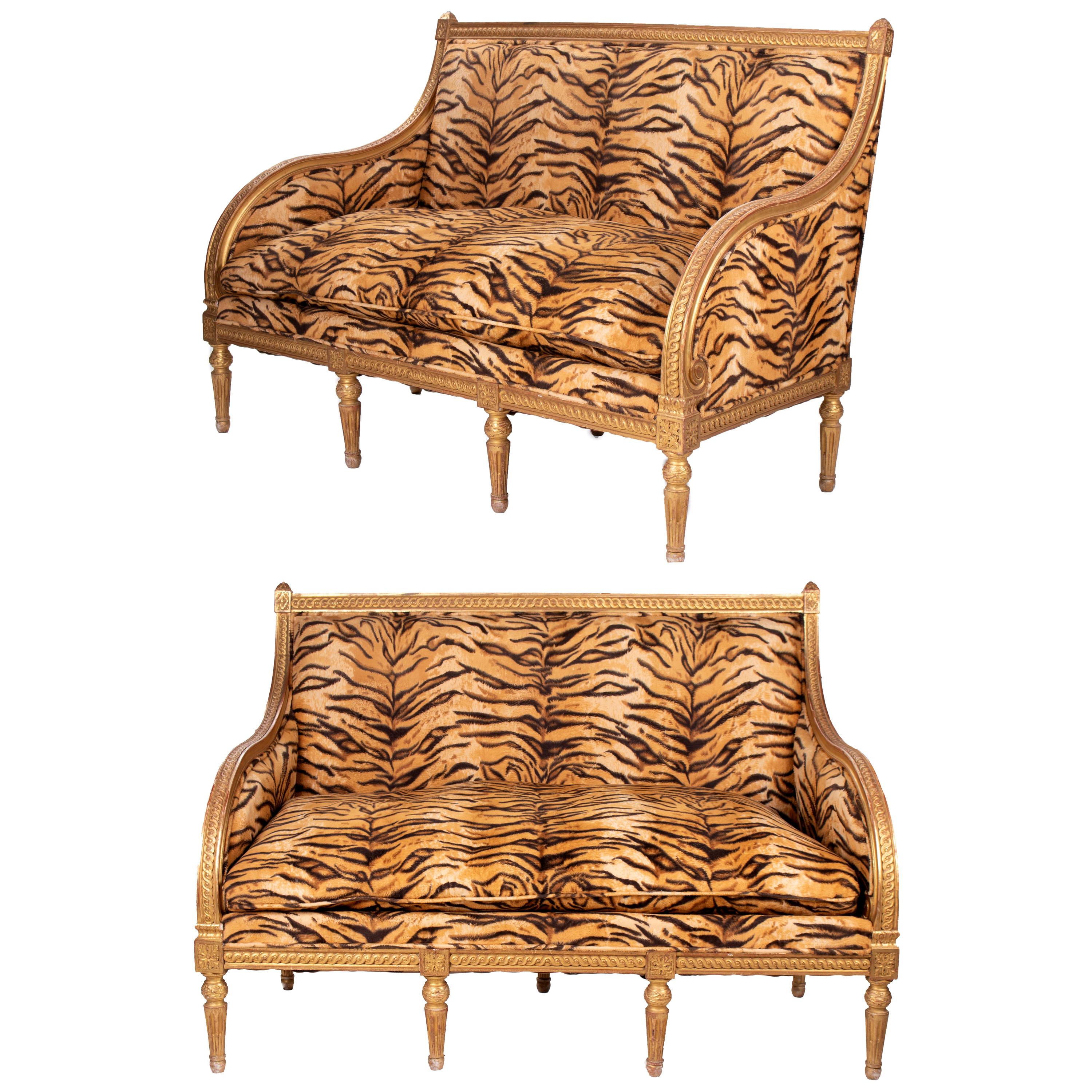 1750s Pair of French Charles IV Gold Gilded Upholstered Sofas