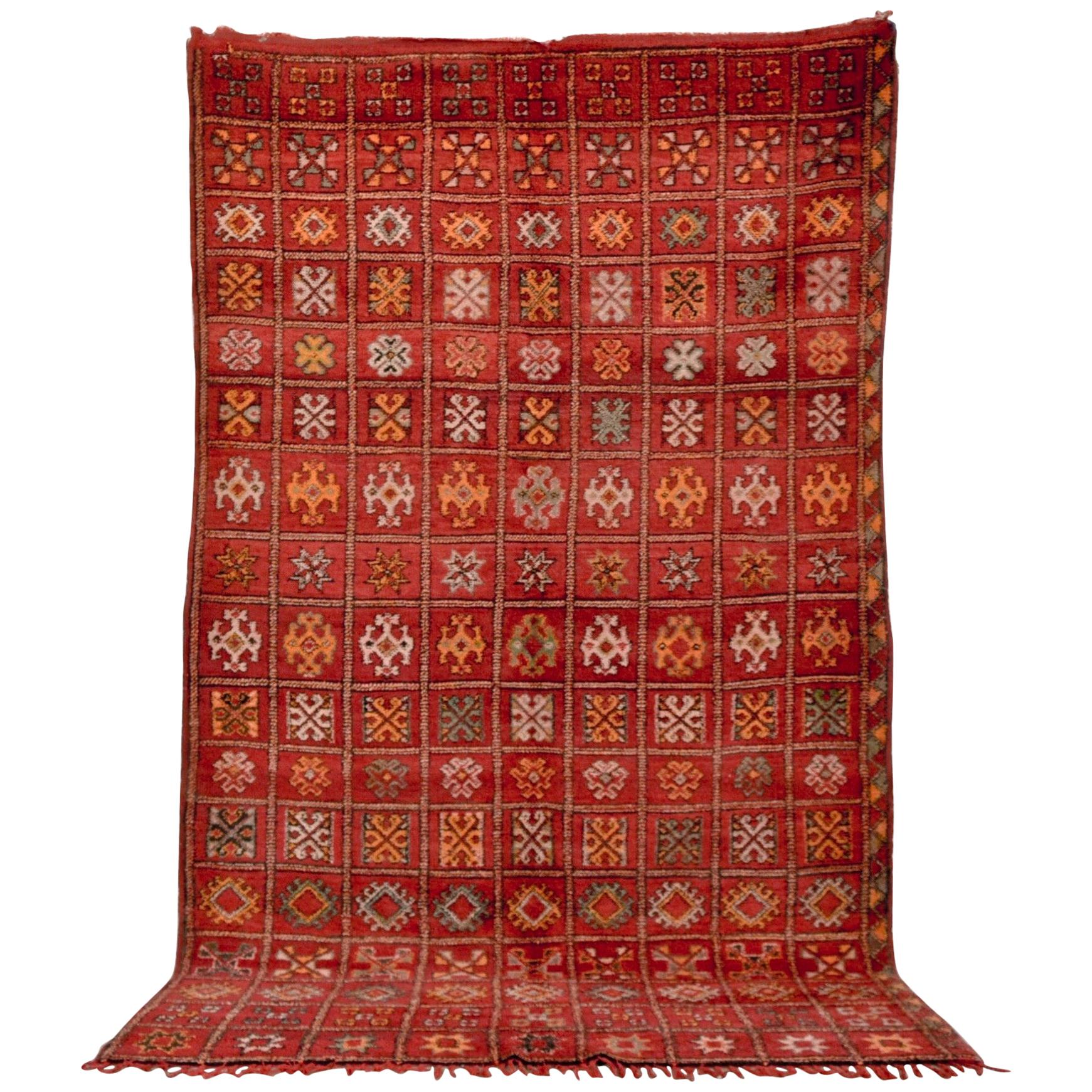 Vintage Moroccan Red Boujad Handwoven Wool Floor Rug For Sale