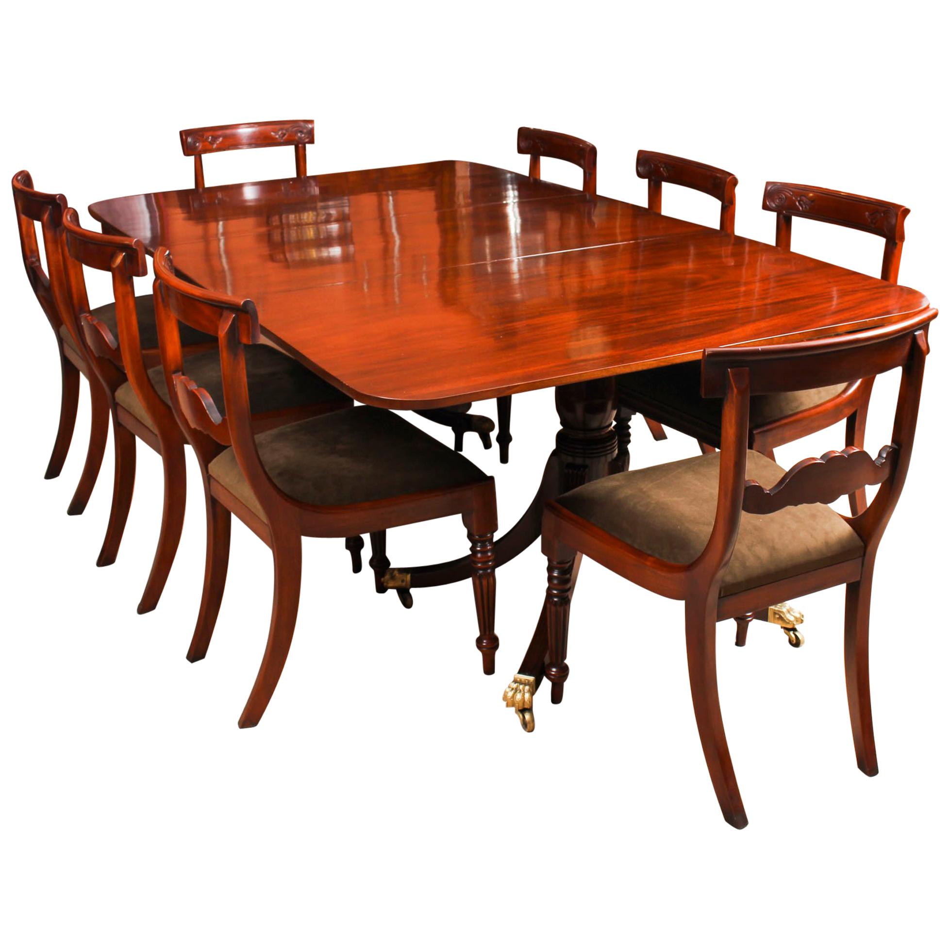 Antique Twin Pillar Regency Dining Table 19th Century and 8 Bespoke Chairs