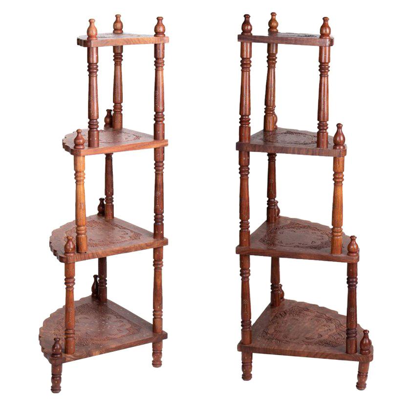 1980s Pair of Carved Step Shelves with Brass Inlays For Sale