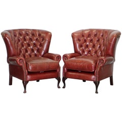 Pair of Tetrad Chesterfield Brown Leather Barrel Wingback Armchairs