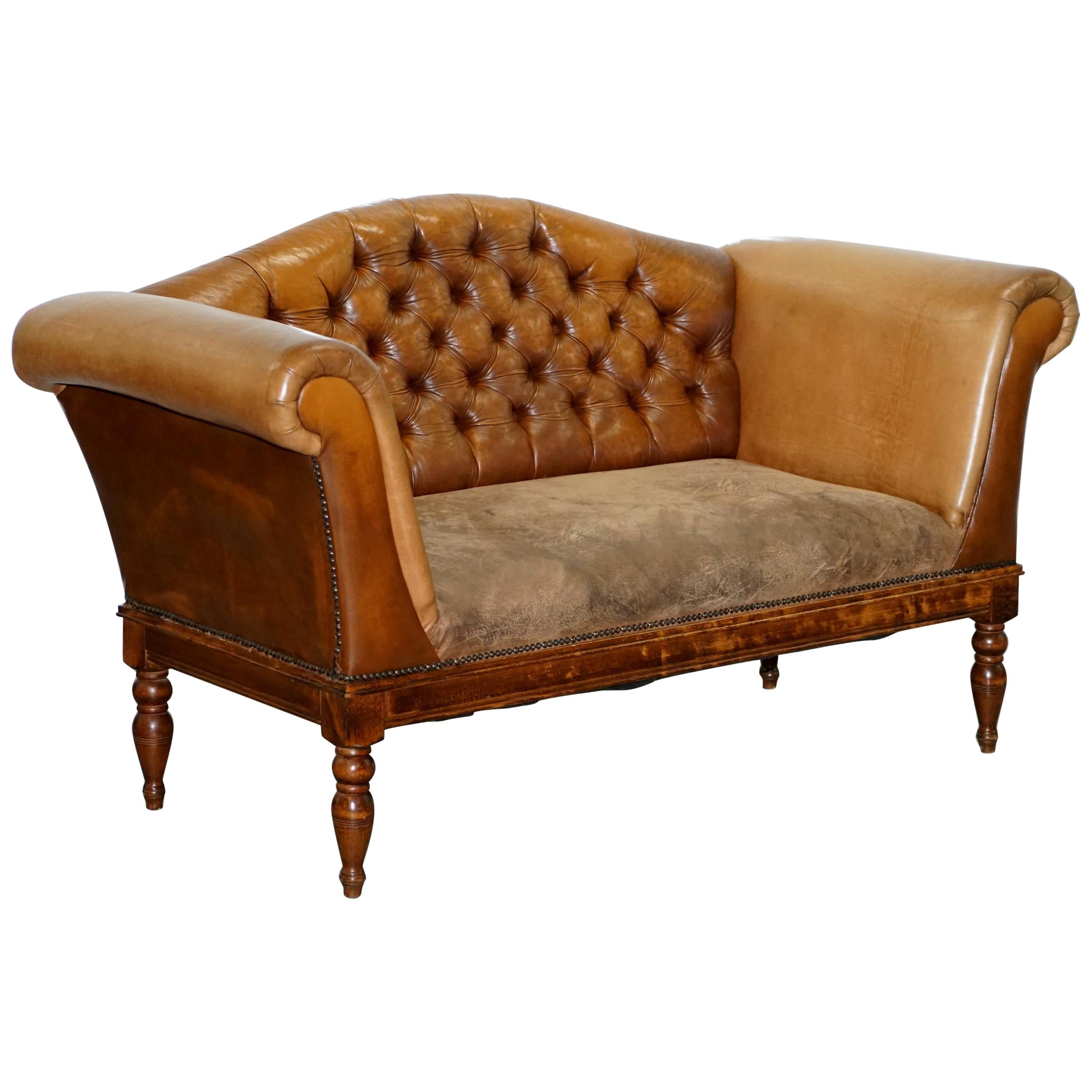 Mixed Brown Leather Chesterfield Two-Seat Club Sofa with Suede Leather Base