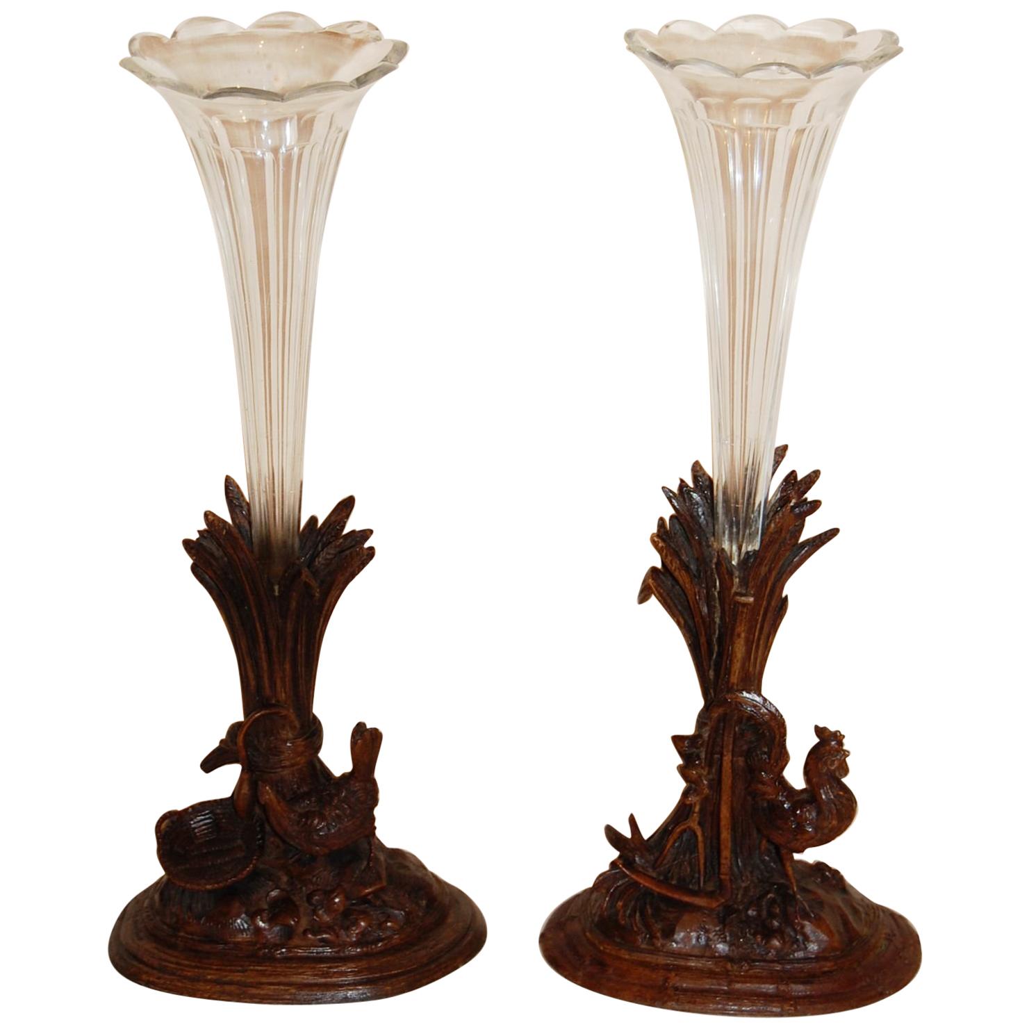 Pair 19th Century Swiss Carved Walnut Black Forest Vases or Epergnes circa 1870