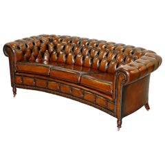 Vintage Very Rare Curved Front Fully Restored Cigar Brown Leather Chesterfield Club Sofa