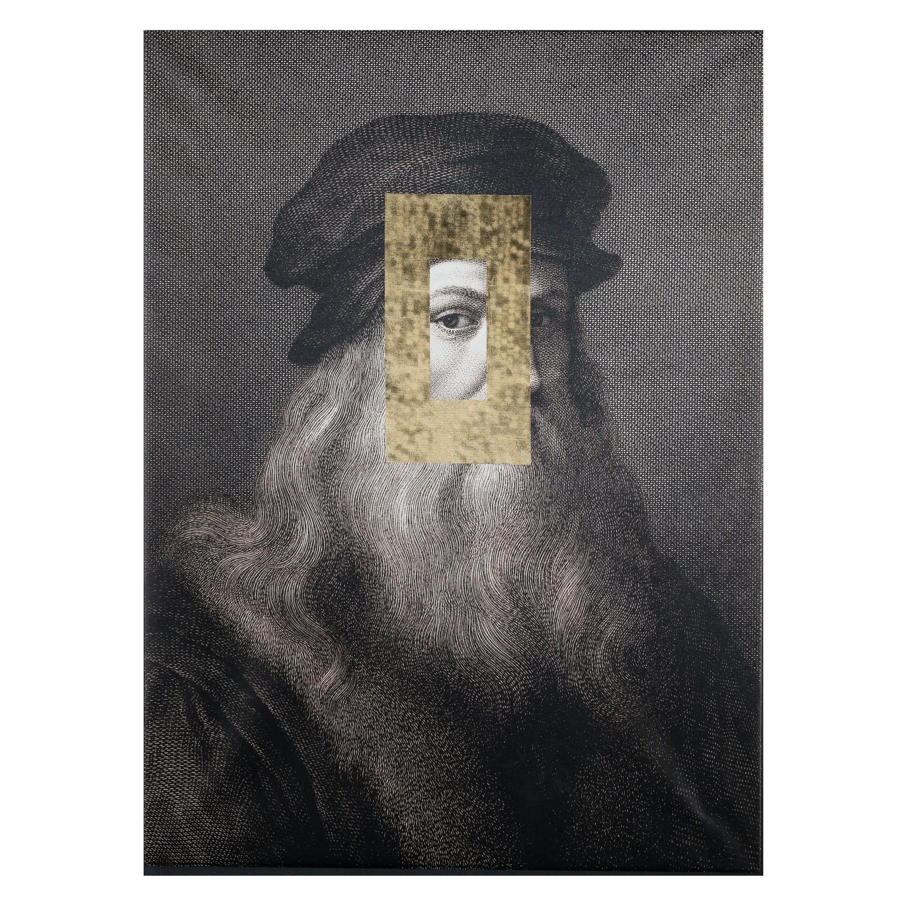 Decorative Panel Leonardo Face, Printed Canvas and Golden Leaf Decoration, Italy For Sale