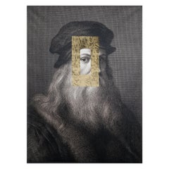 Panneau décoratif représentant le visage de Léonard, toile imprimée et décoration à la feuille d'or, Italie