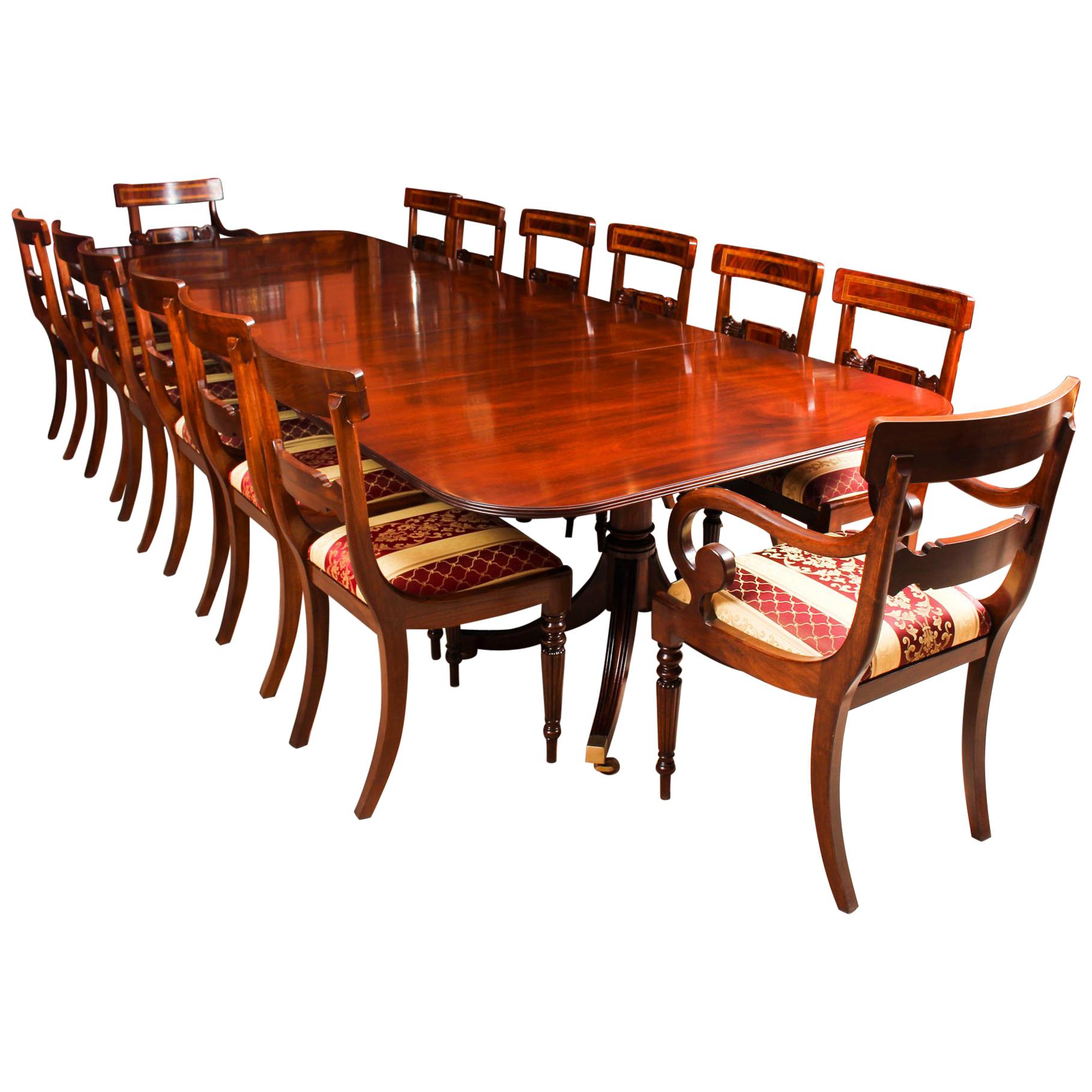 Vintage 3 Pillar Dining Table by William Tillman and 12 Chairs, 20th Century