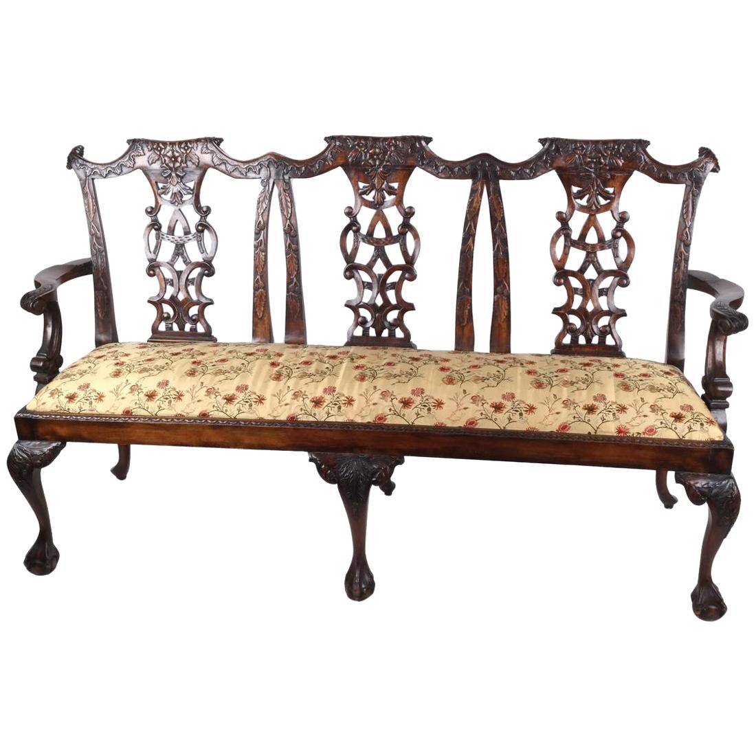 Fine Chippendale Style Carved Mahogany Triple Chair Back Settee, 19th Century For Sale