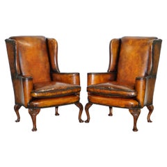 Restored Pair of 18th Century George III Style Wingback Brown Leather Armchairs