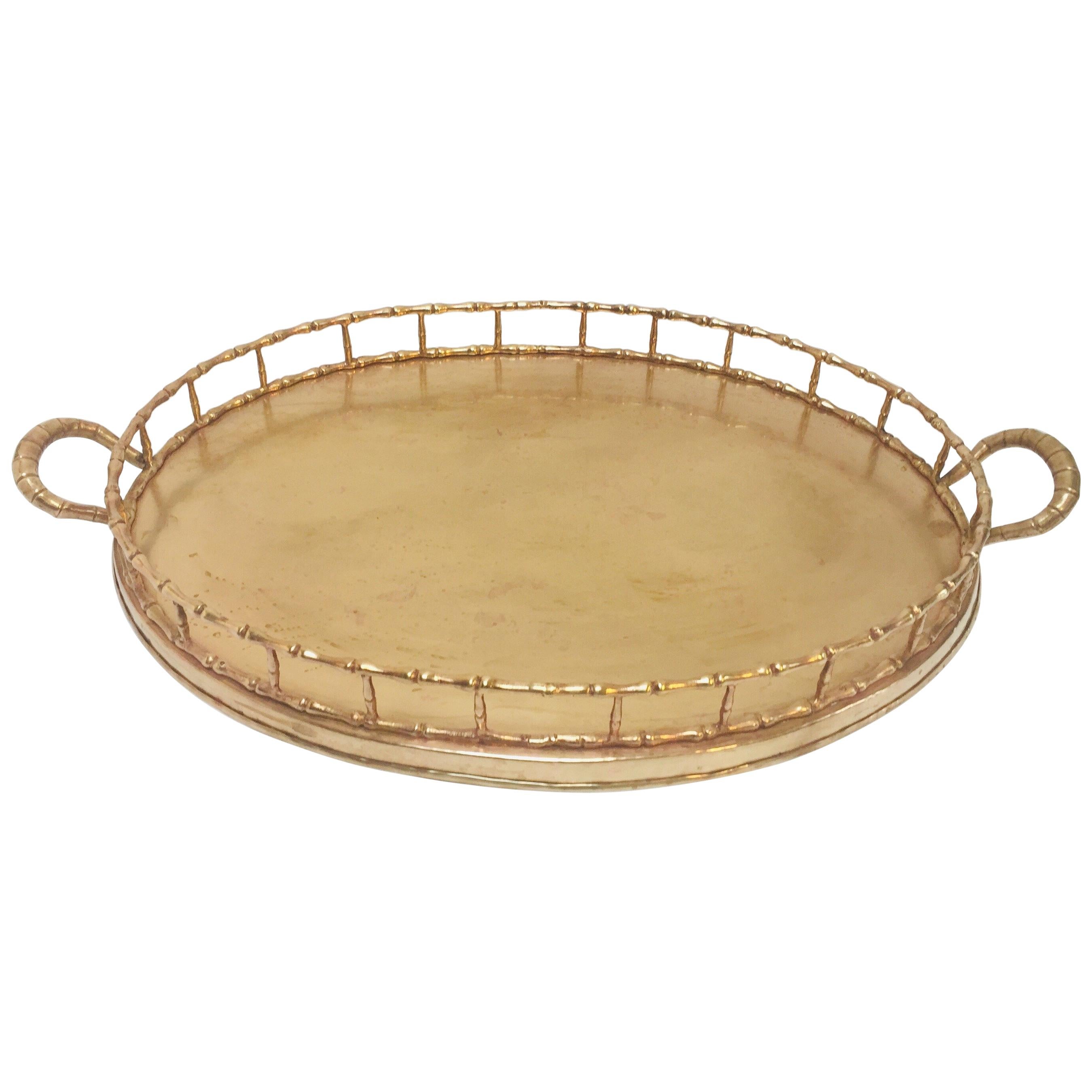 Hollywood Regency Faux Bamboo Oval Brass Serving Tray