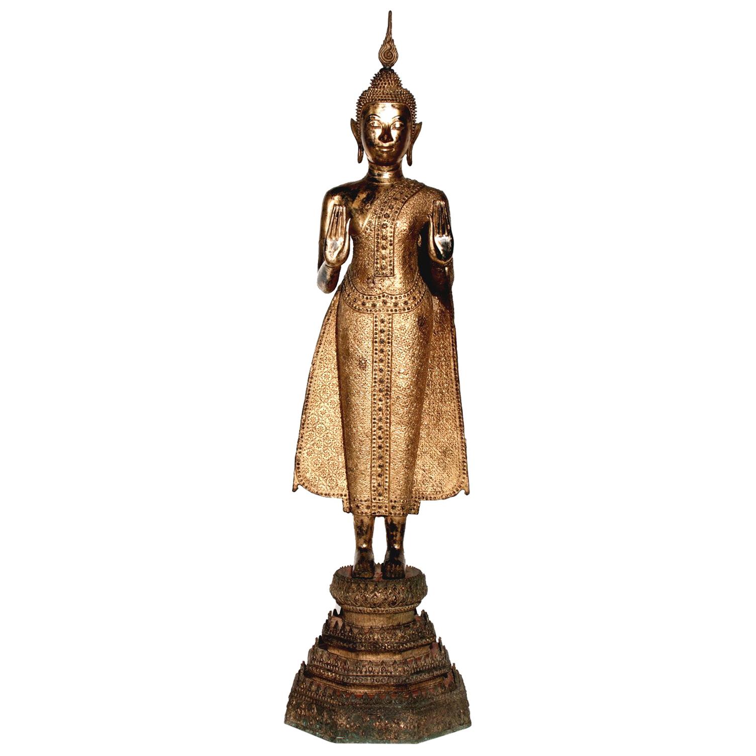 Thai Gilt Bronze Standing Buddha Figure, Late 19th Century im Angebot