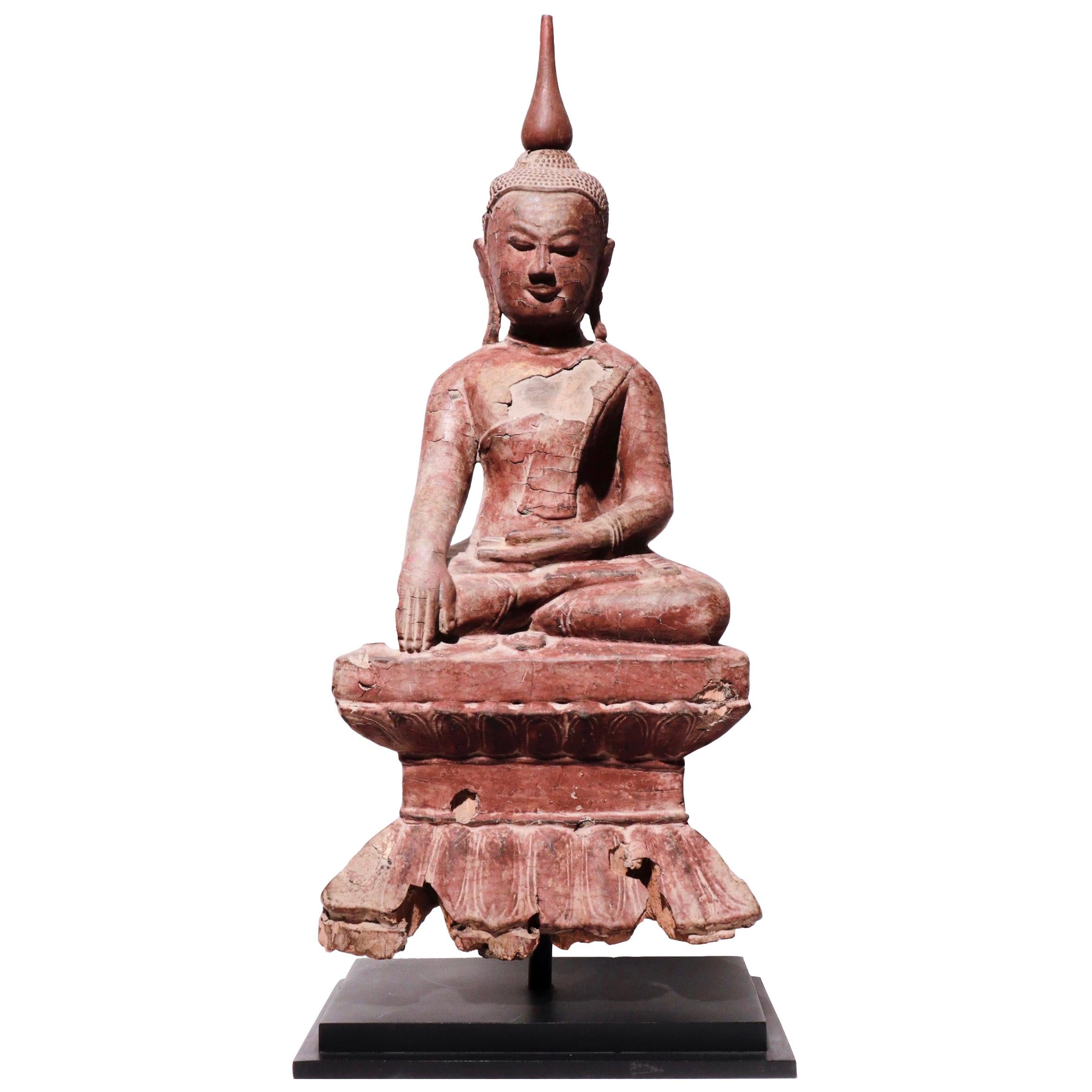 Burmese Lacquered Wood Seated Buddha Figure, 18th Century For Sale