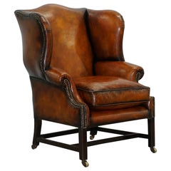 Fully Restored George III Period circa 1780 Wingback Brown Leather Armchair