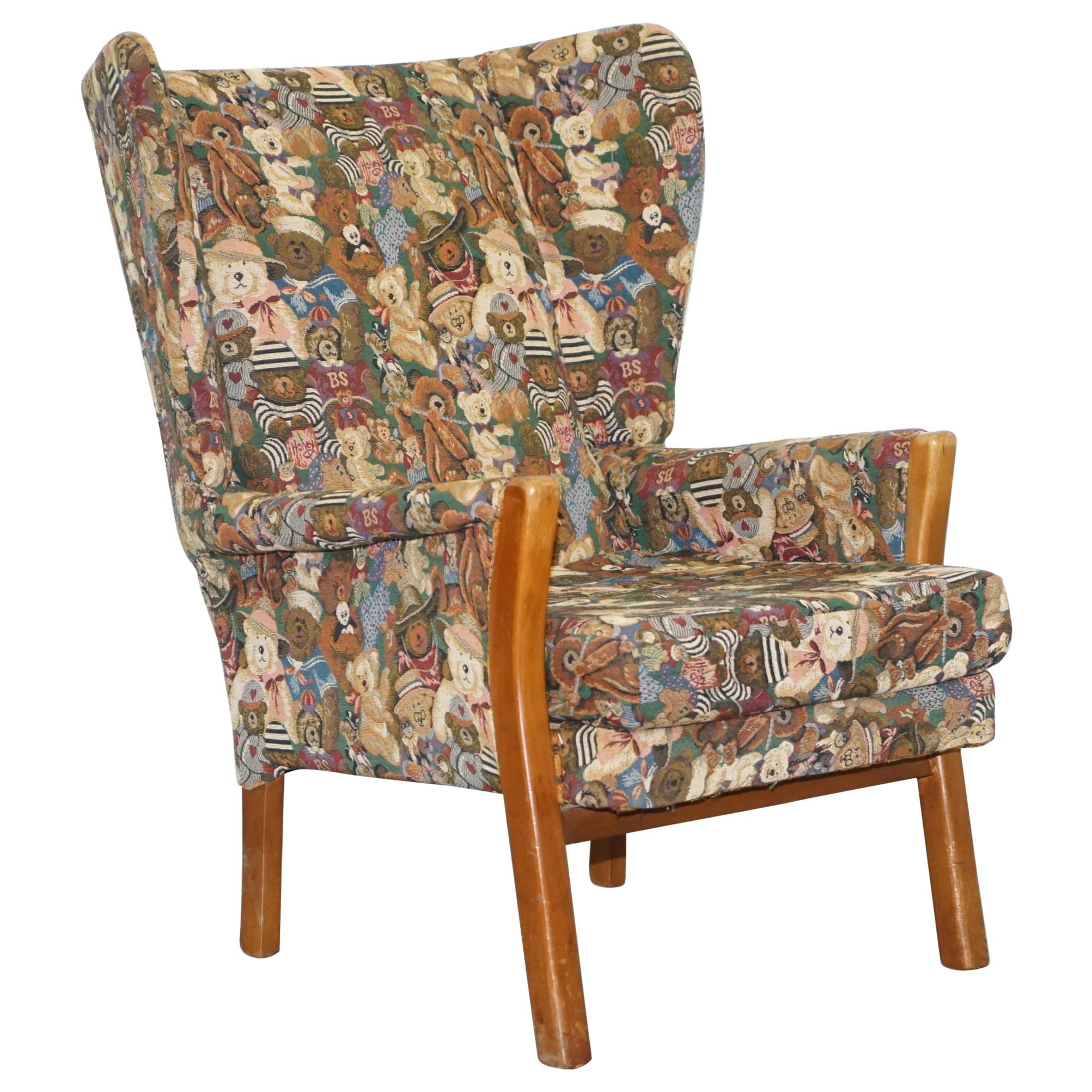Rare Vintage Wingback Armchair with Teddy Bear Upholstery Parker Knoll Frame