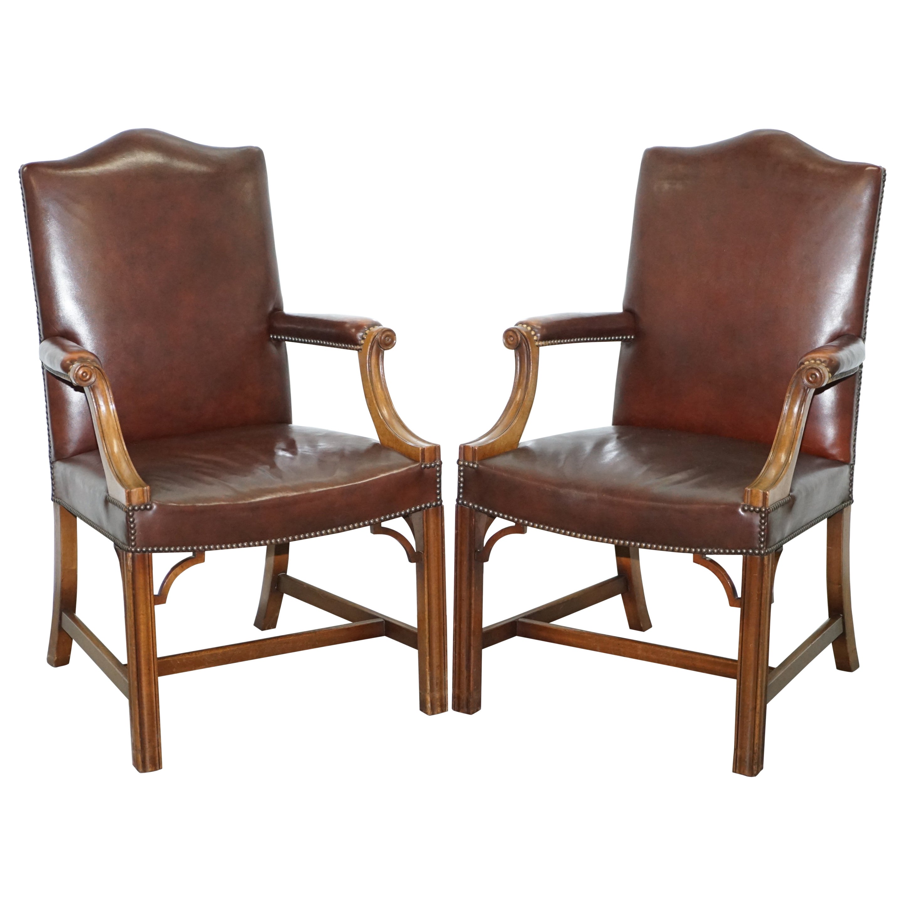 Pair of Antique Leather and Mahogany Gainsborough Armchairs For Sale at 1stDibs