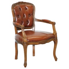 French Louis XVII Style Brown Leather Chesterfield Buttoned Armchair Fratelli