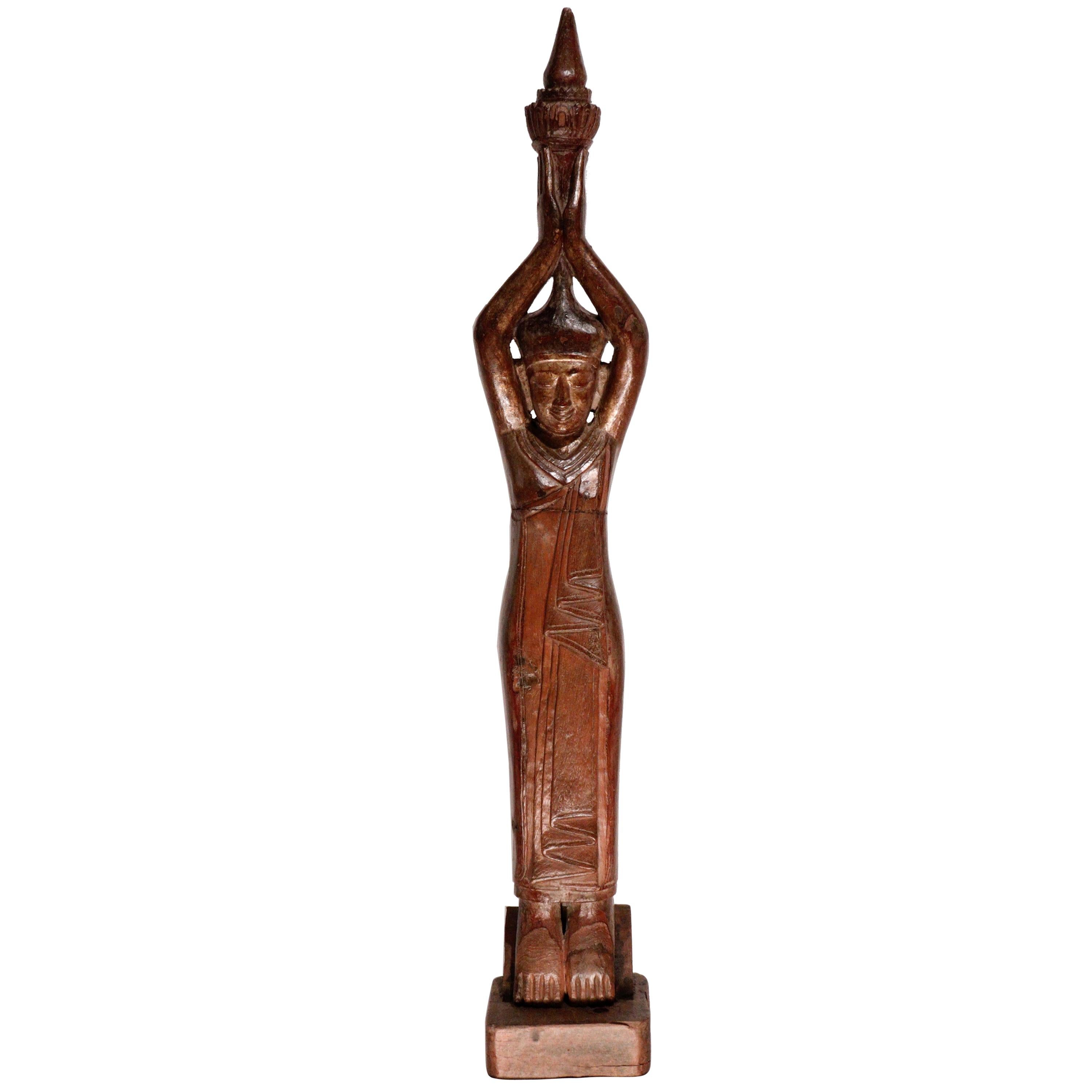 Burmese Carved Wood Hermit Sumedha Buddhist Image, 19th Century For Sale