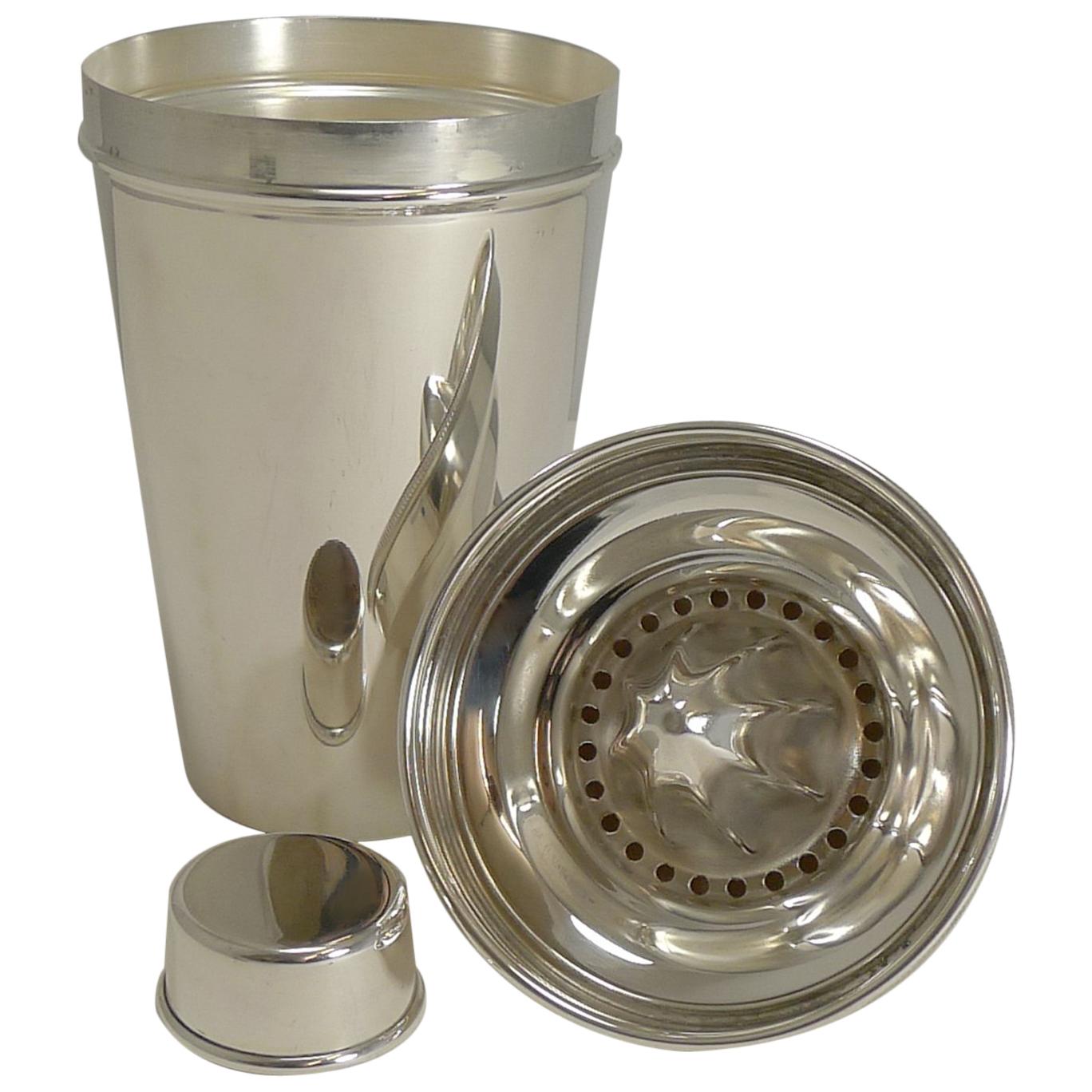 Art Deco English Silver Plated Cocktail Shaker, Integral Lemon Squeezer