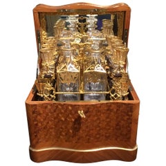 Antique Tantalus Set of Rosewood, Kingwood and Tulipwood Complete with Baccarat Glasses