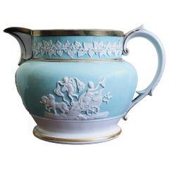 Antique Ridgway Porcelain Sprigged Large Jug with Light Blue Ground, circa 1820