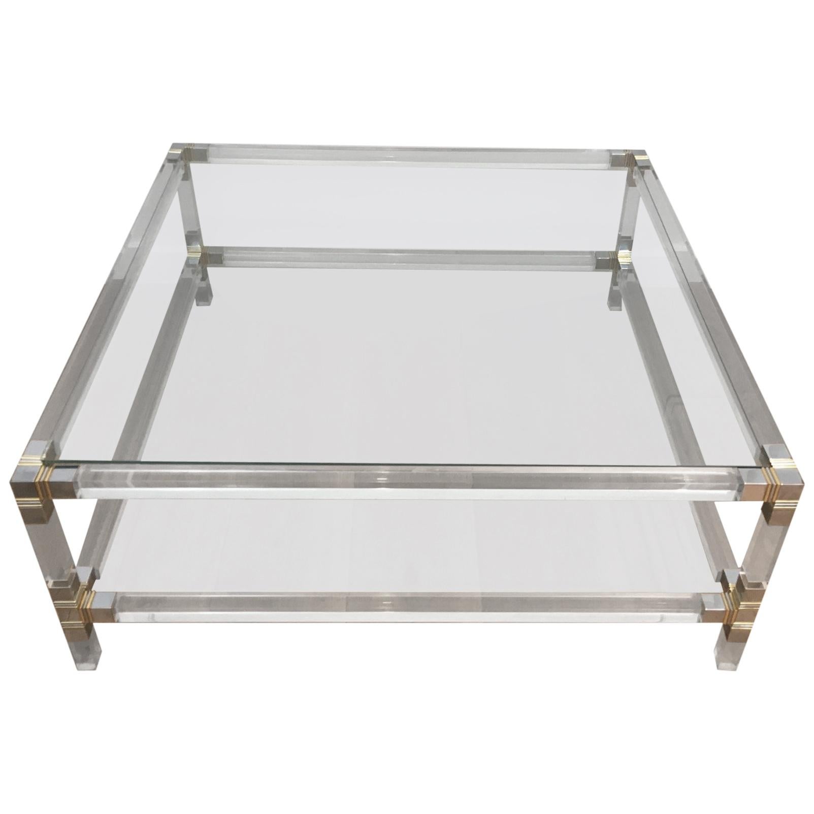 Square Lucite Coffee Table with Chrome Corners and Glass Tops