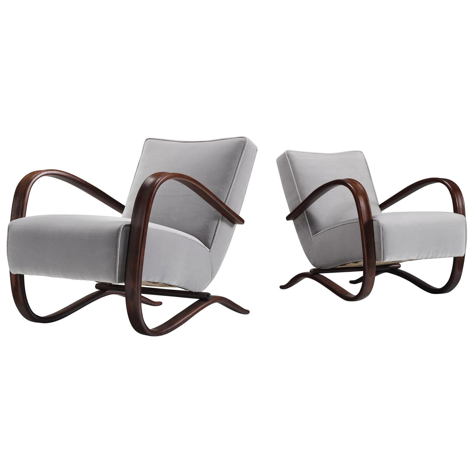 Jindrich Halabala Lounge Chairs in Reupholstered with Grey Velvet