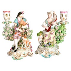Antique Derby Porcelain Candlesticks with Figures of Musicians, circa 1760-1765