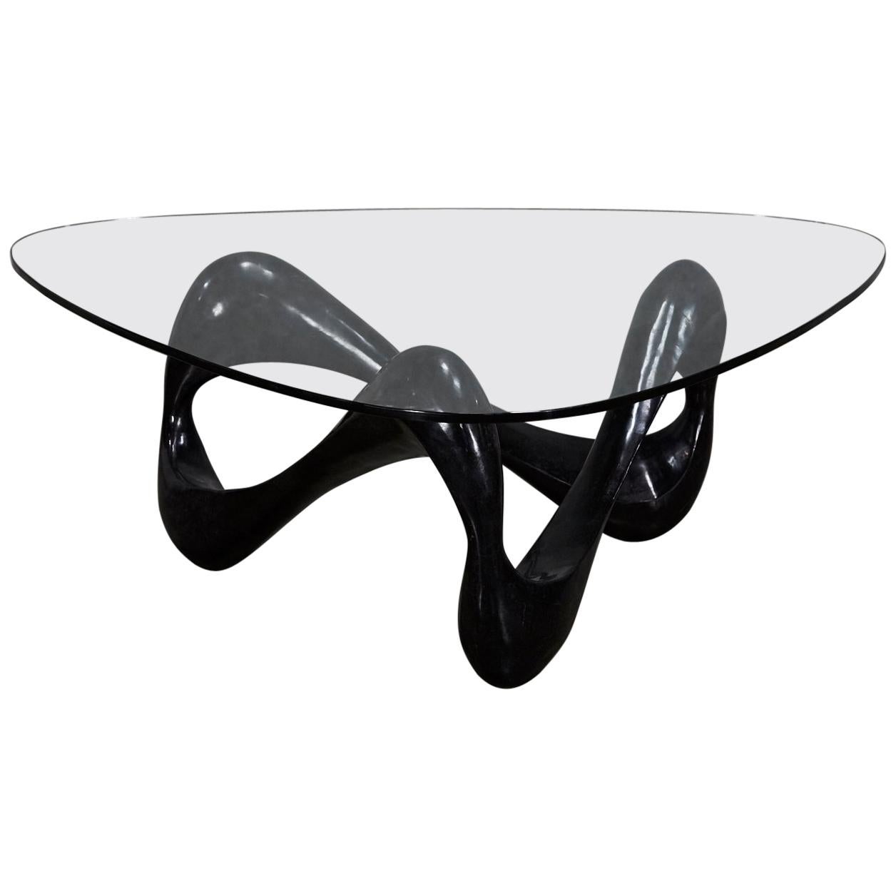 Freeform Black Tessellated Stone "Cursive" Coffee Table with Glass Top, 1990s For Sale