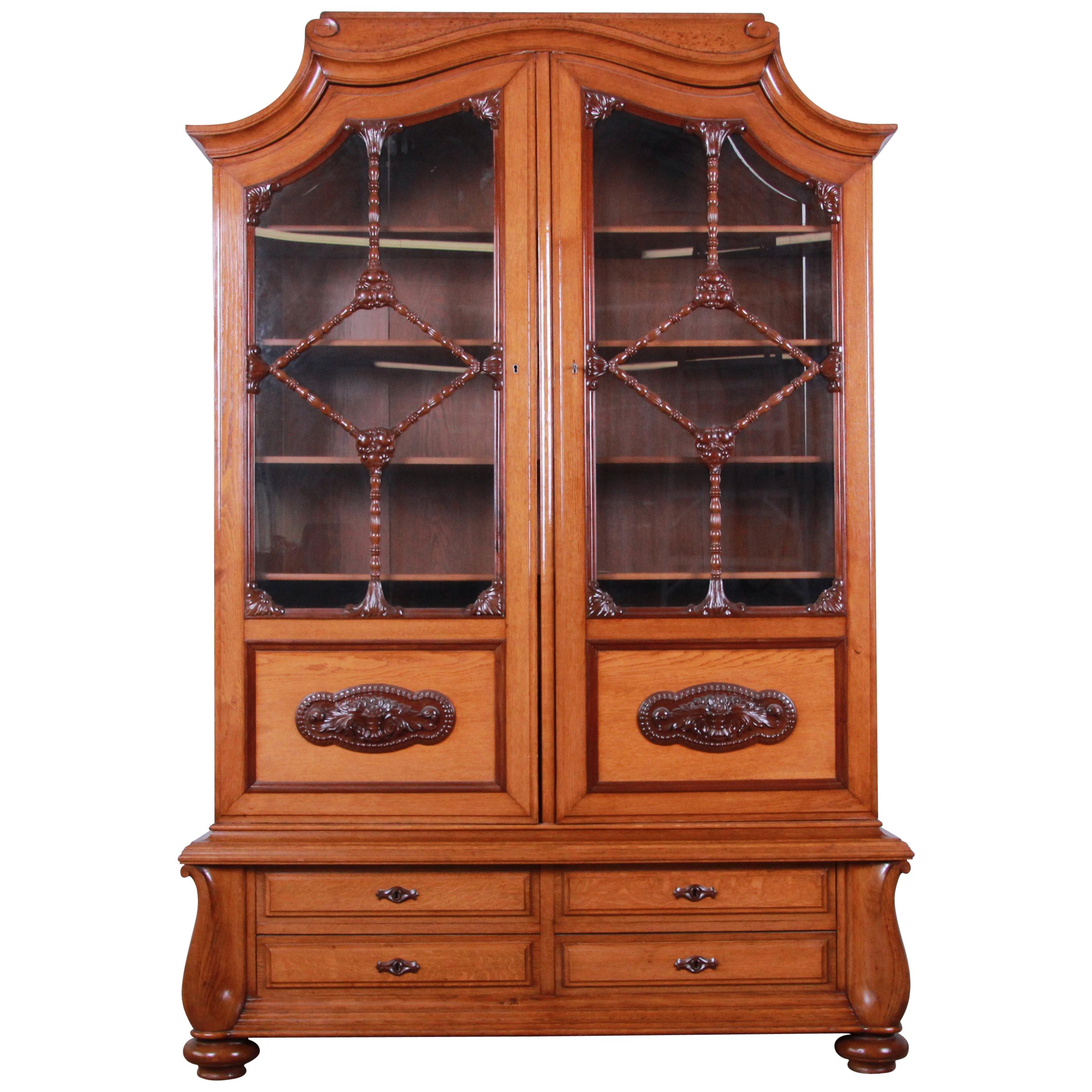 19th Century Victorian Carved Oak Glass Front Double Bookcase