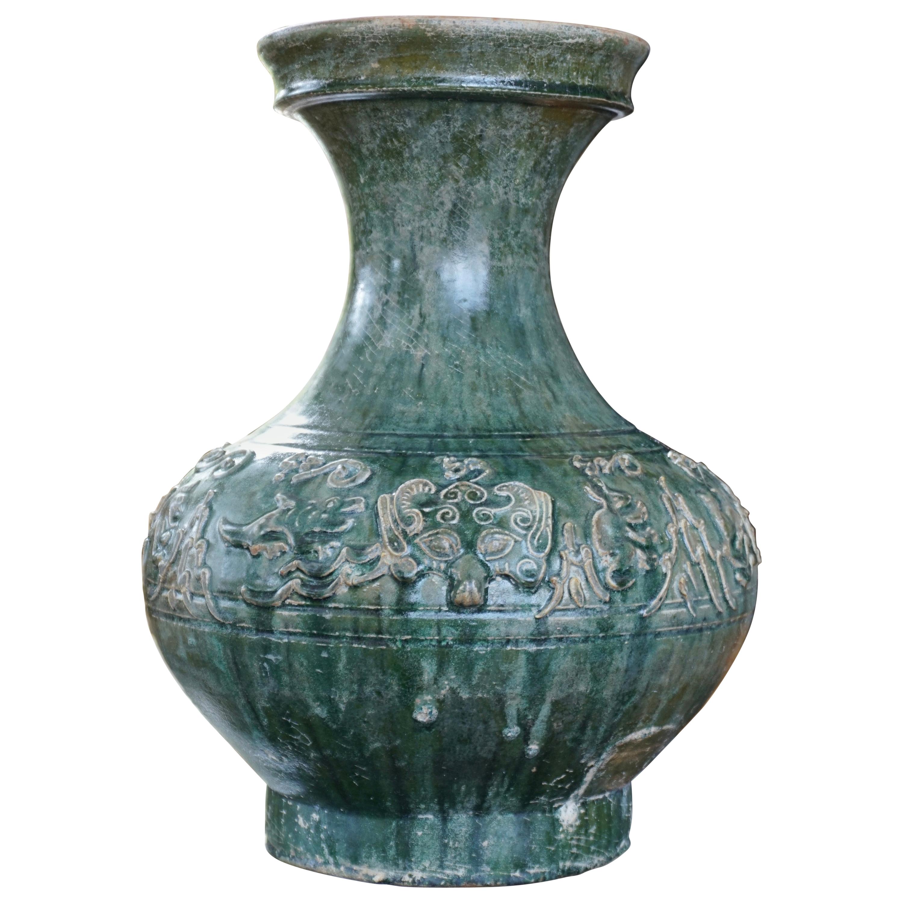 Large Han Dynasty Hu Green Glazed Mythical Beasts Vessel