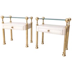Pair of Ivory Nightstands with Brass Legs and Glass Shelf, Italy, 1980s