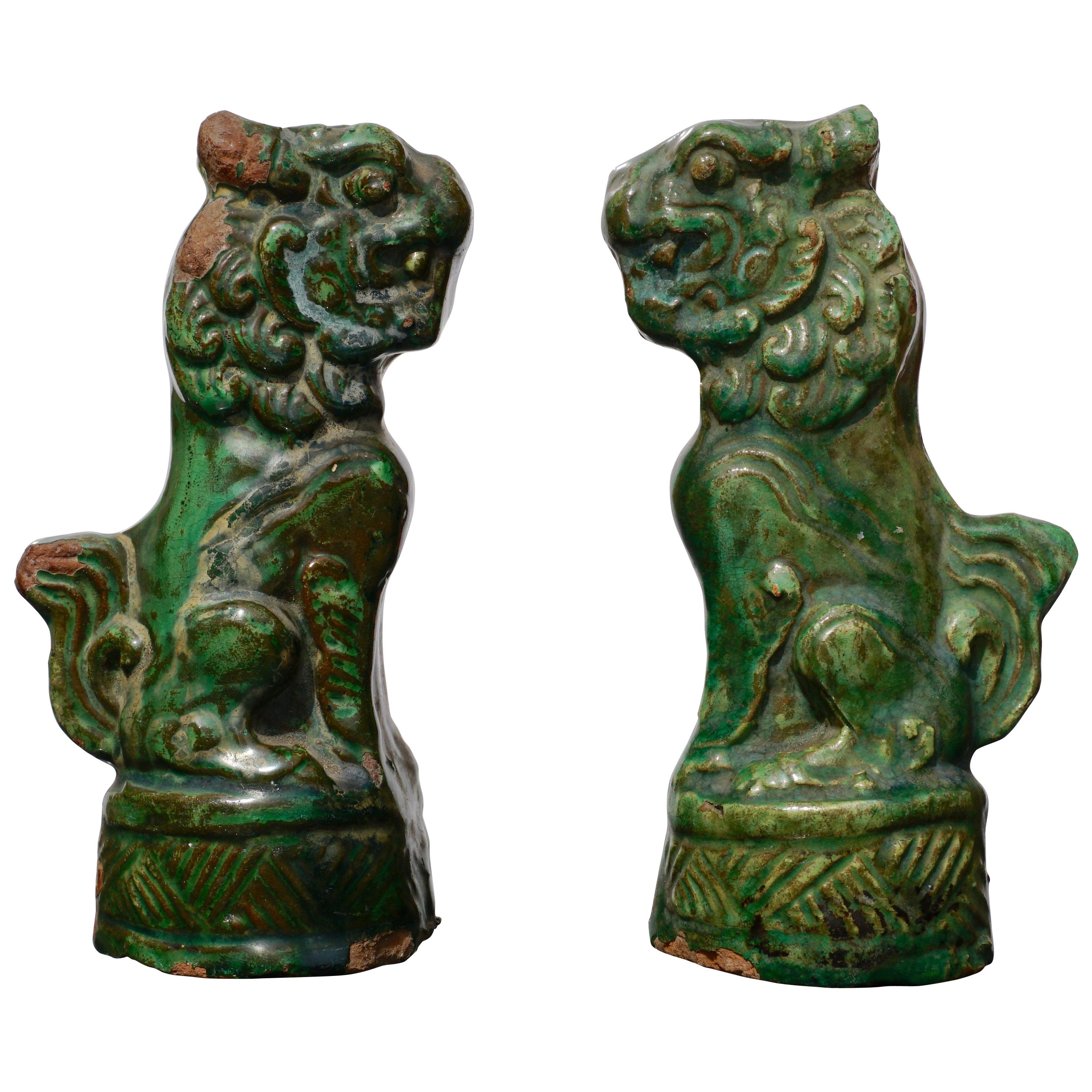 Late Ming Terracotta Sancai Green Glazed Foo Dogs