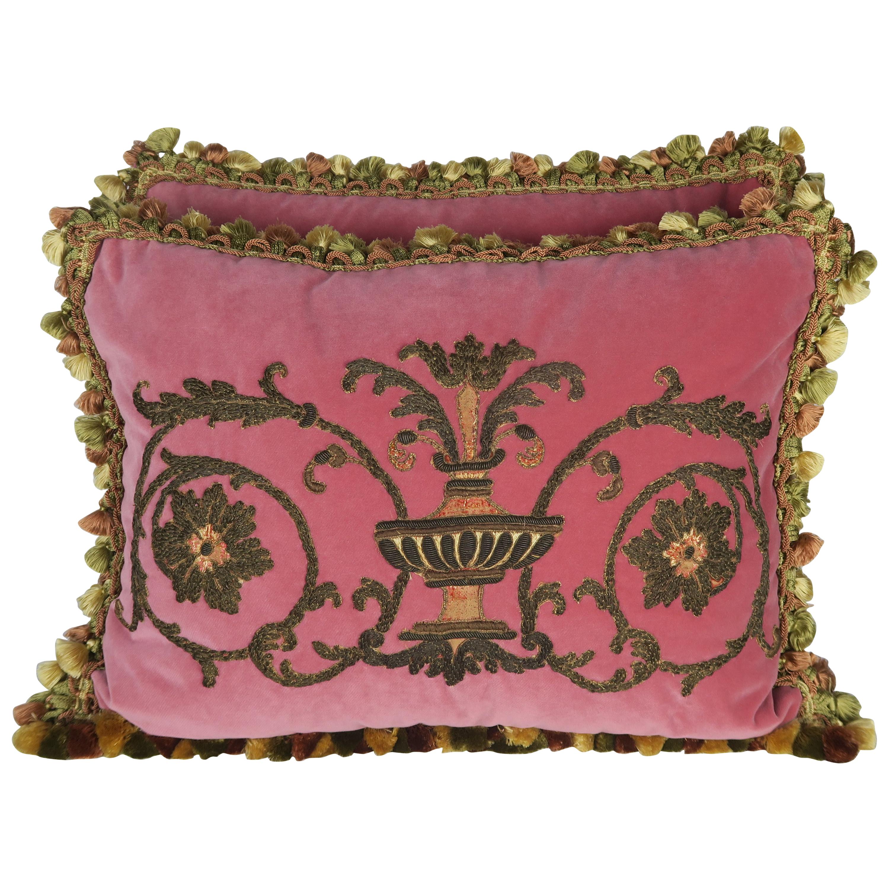Pair of 19th Century French Appliqued Pink Velvet Pillows by Melissa Levinson