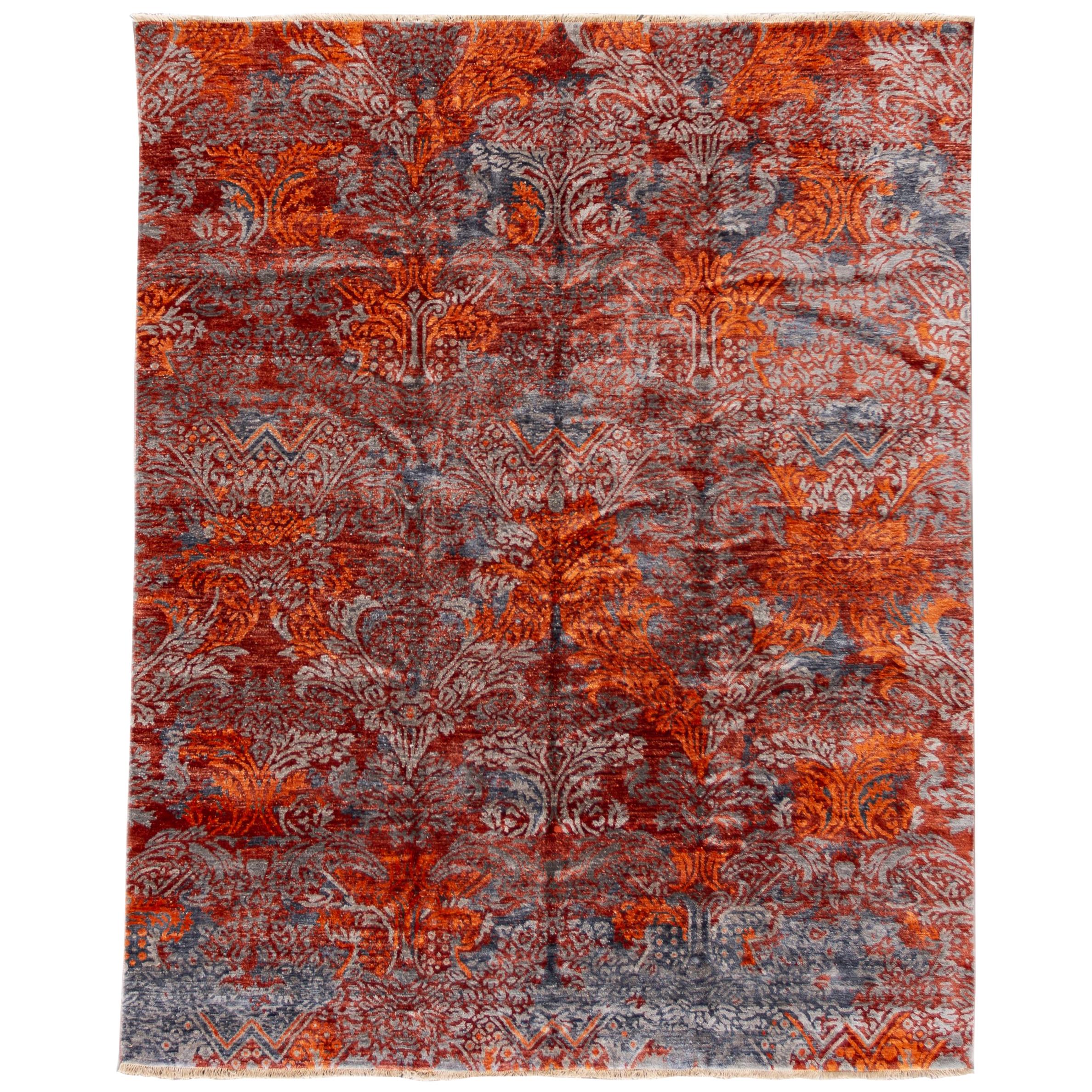 Contemporary Indian Wool & Silk Rug With Allover Rusted Design For Sale