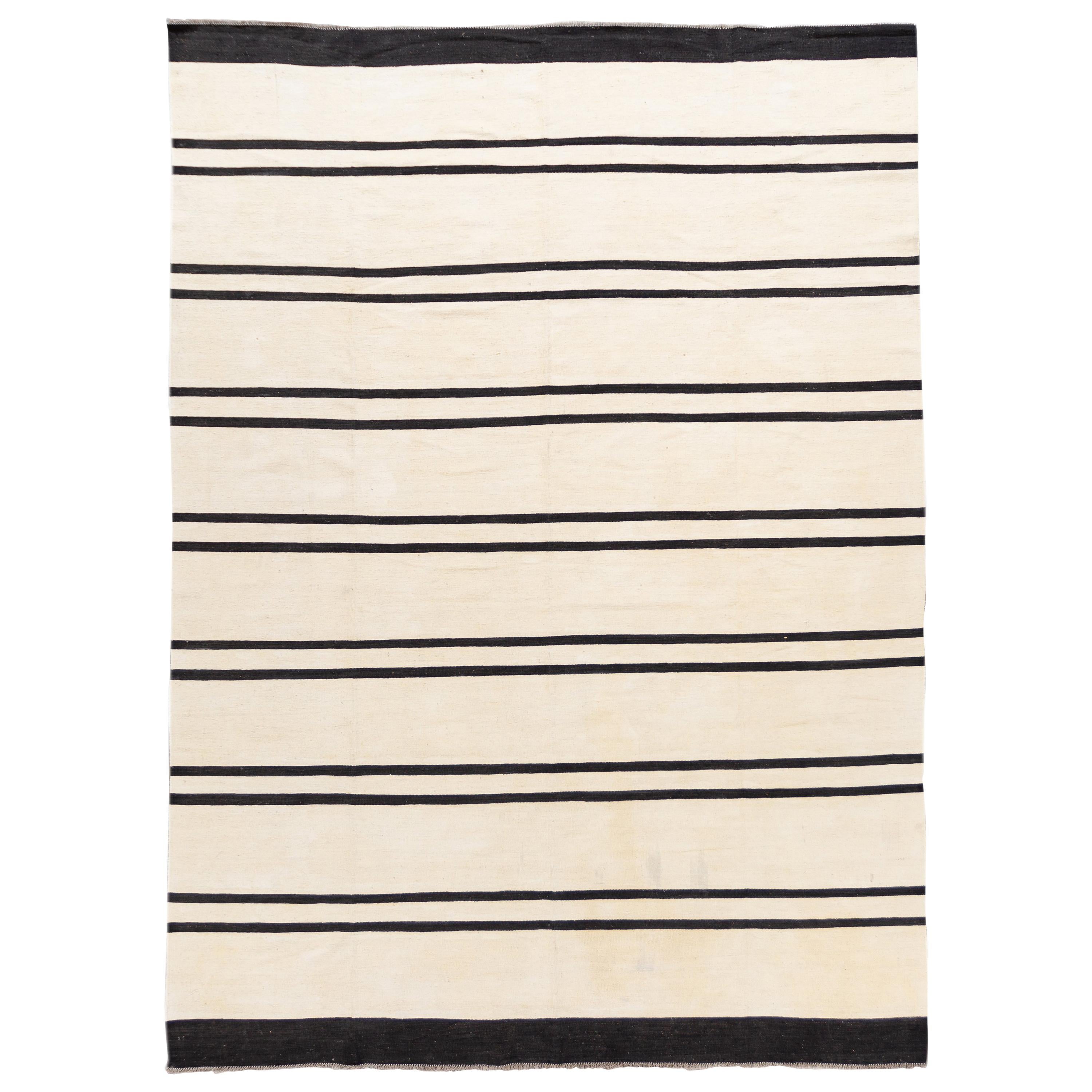 Contemporary Black & White Striped Kilim Flatweave Wool Rug
