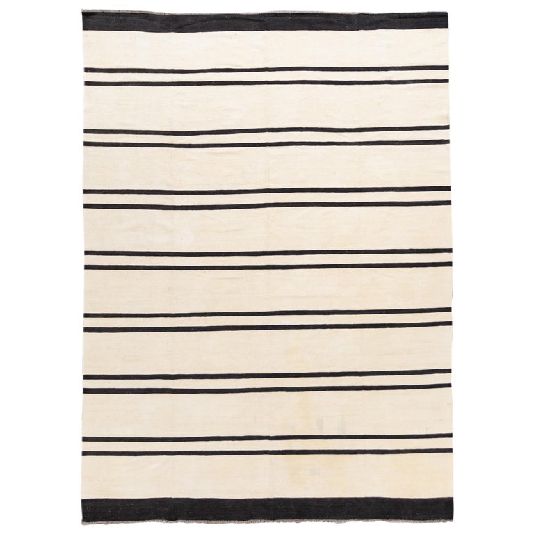 White Striped Kilim Flatweave Wool Rug, Striped Flat Weave Rug