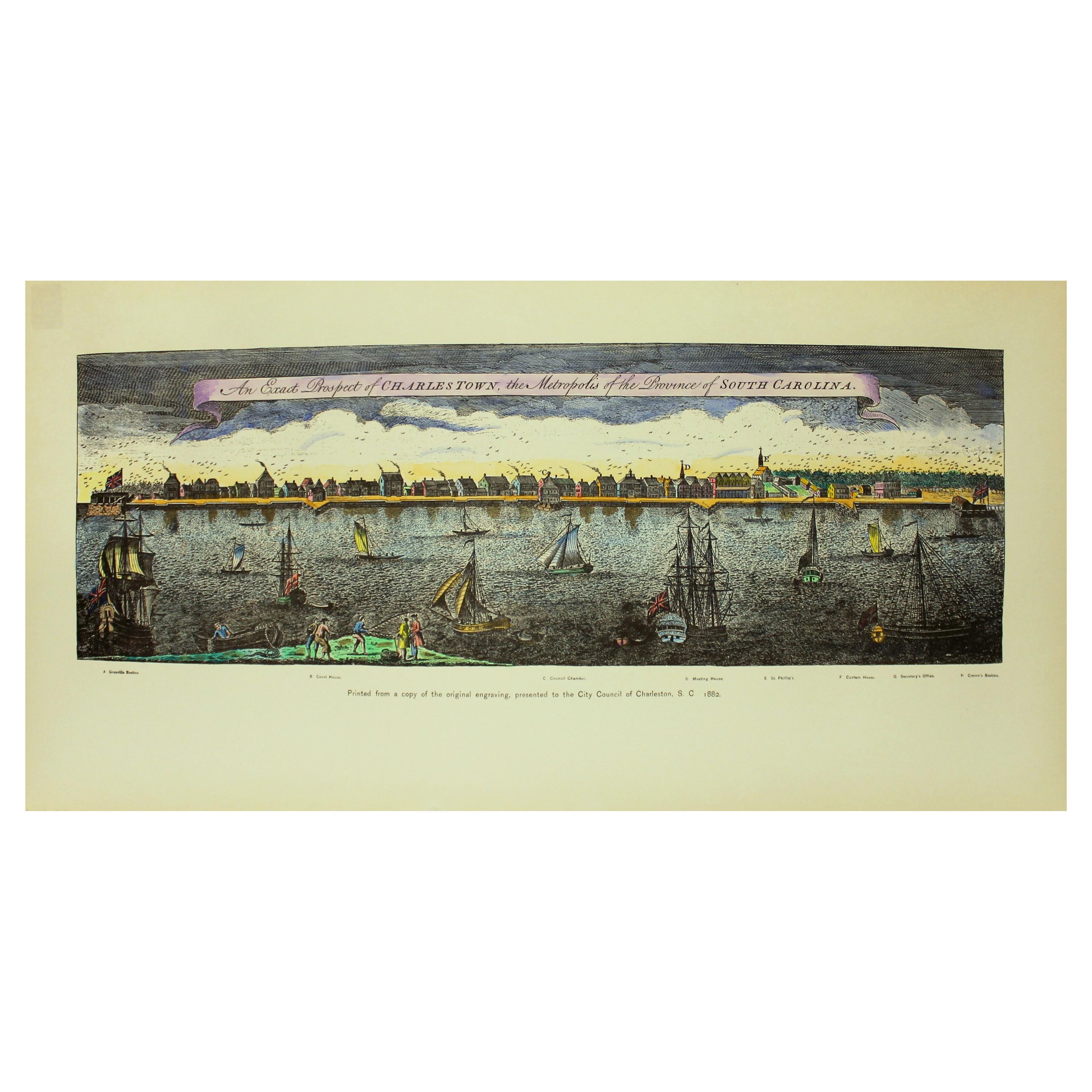 Hand Coloured Reprod, Print, Exact Prospect of Charlestown, the Metropolis of SC For Sale