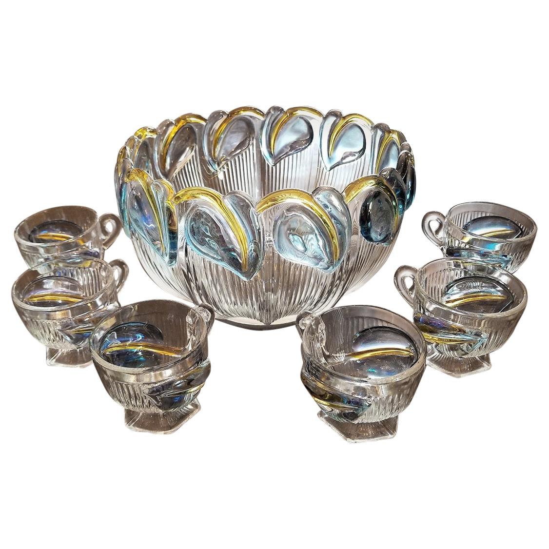 Art Deco Floral Punch Bowl and 6 Matching Glasses