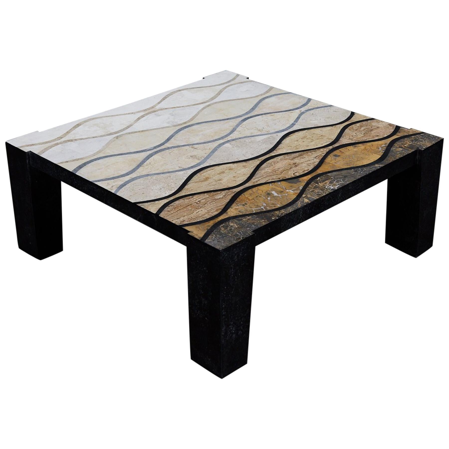 Tessellated Stone "Curves" Cocktail Table with Abstract Inlaid Detailing, 1990s For Sale