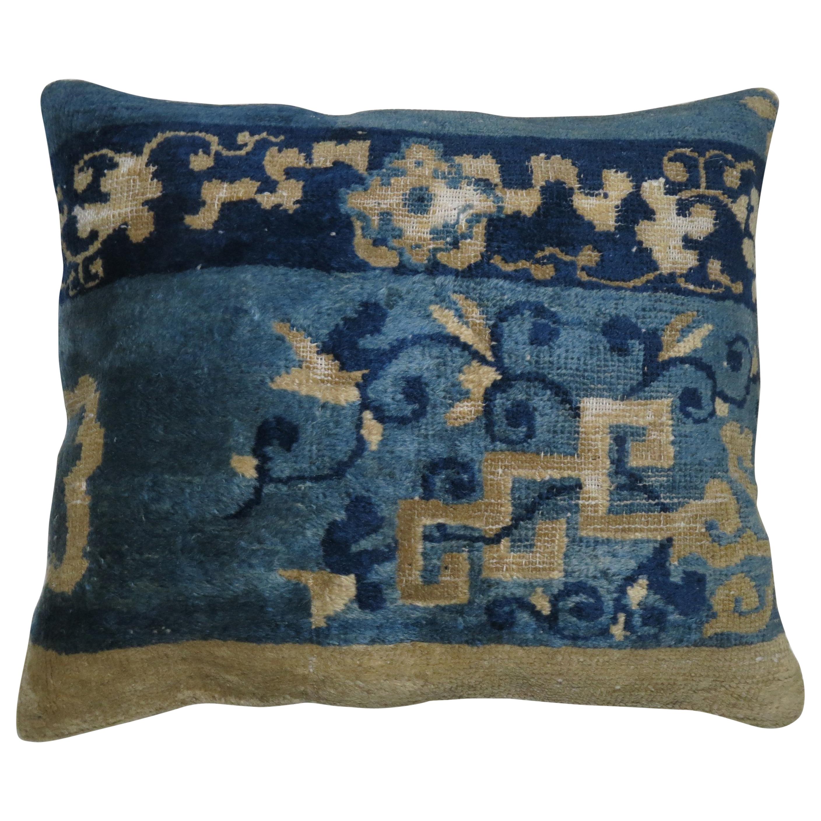 Chinese Blue Beige Rug Pillow