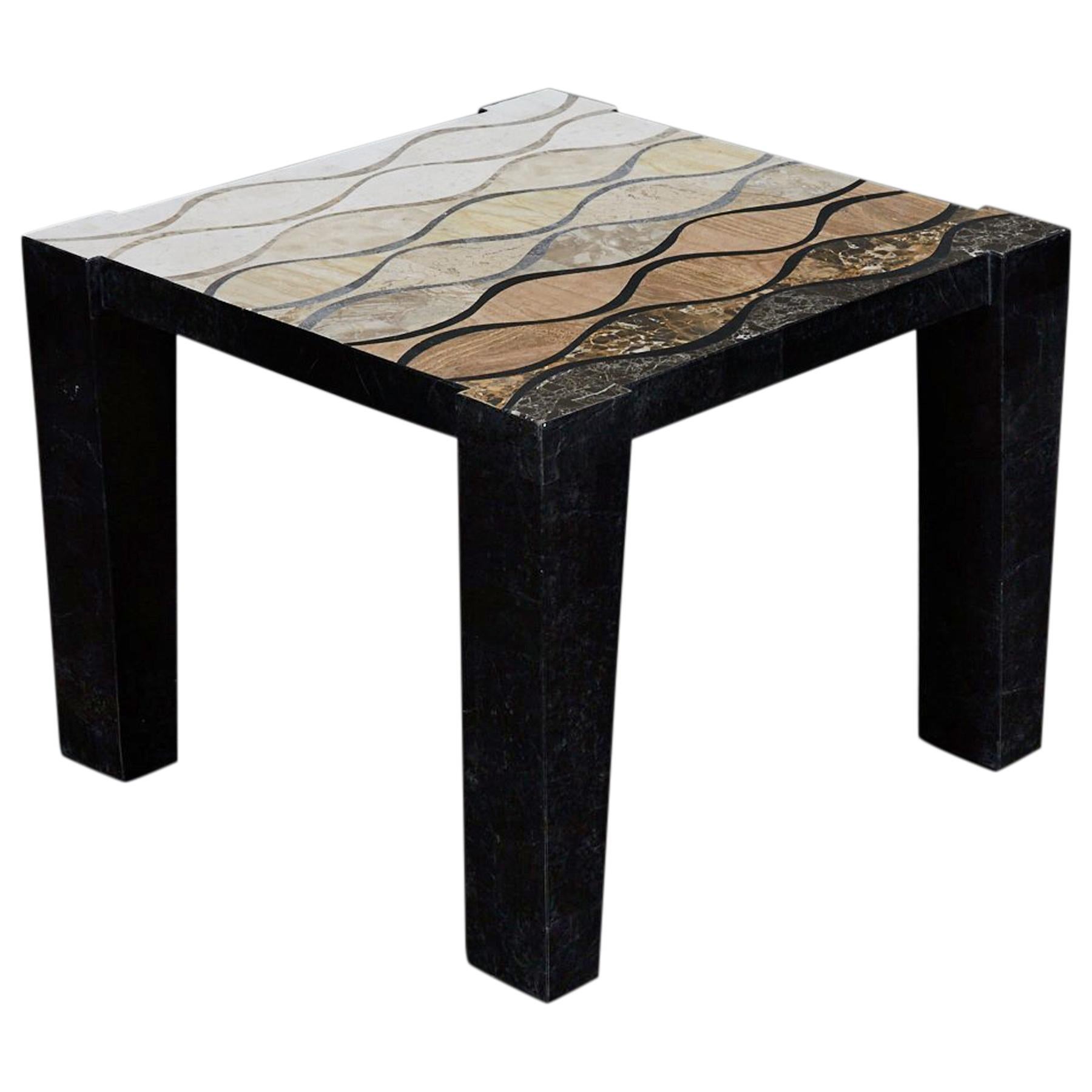 Tessellated Stone "Curves" Side Table with Abstract Inlaid Detailing, 1990s For Sale