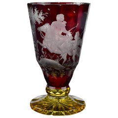 19th Century Bohemian Art Glass Spill Vase with Hunting Scene