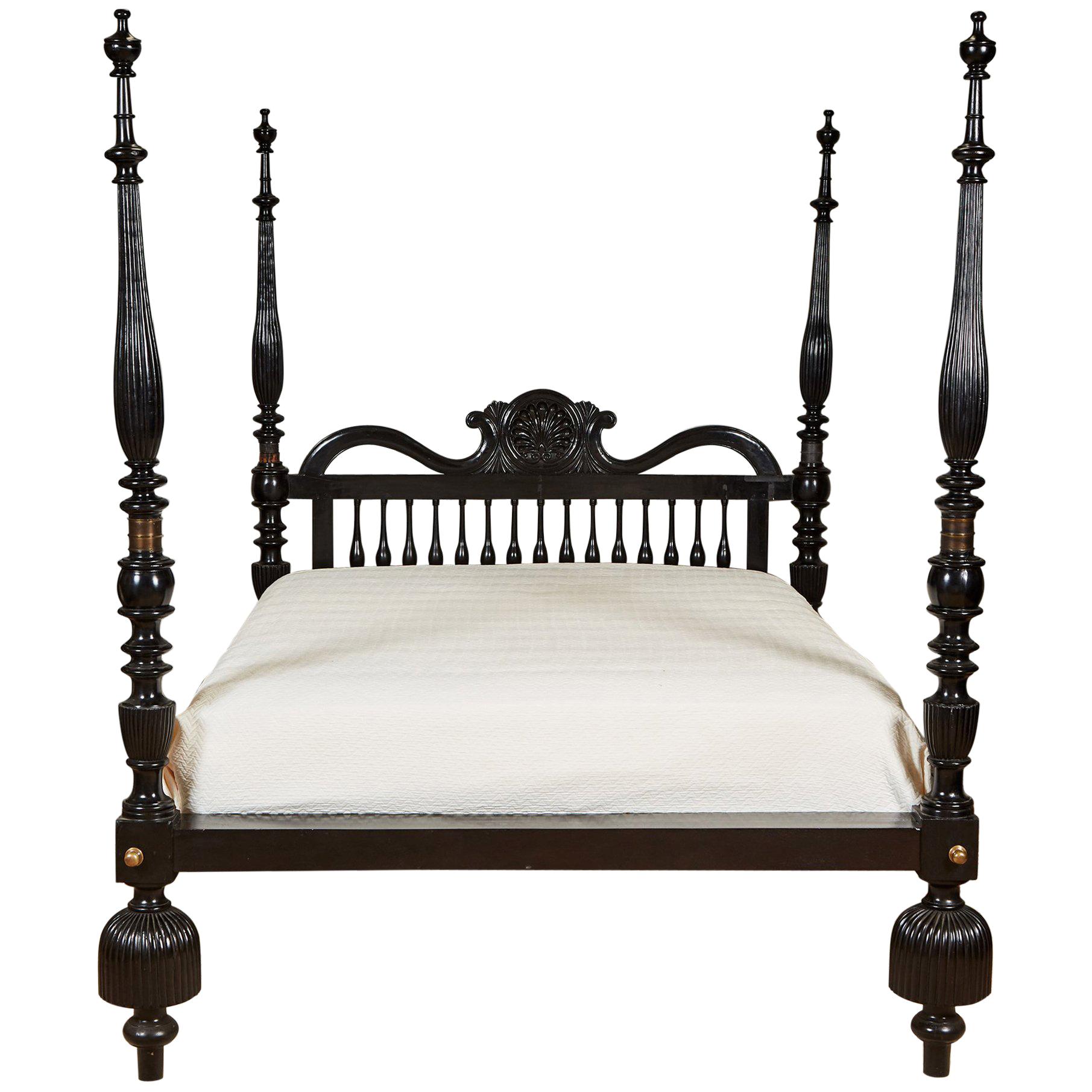 Colonial Style Shell Queen Bed in Ebonized Finish For Sale