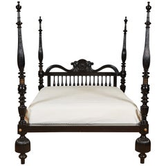 Antique Colonial Style Shell Queen Bed in Ebonized Finish