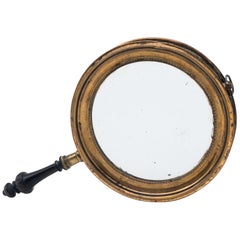 Antique Concave Brass and Carved Wood Hand Mirror, 19th Century